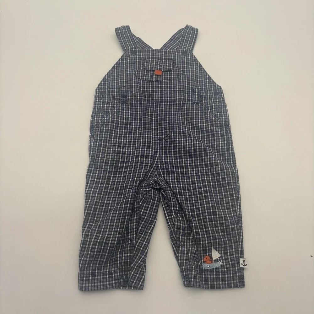 Vintage Gymboree Overall Boys 6-12 Months Blue Check Dog Sailboat Nautical